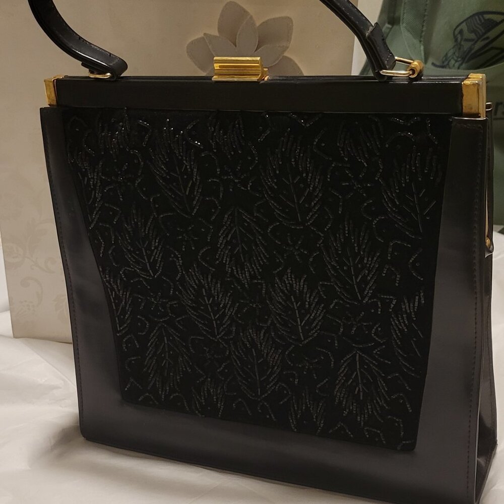 1950s Leather Antique Clutch bag Black large size Glass Black Beaded front uniqu